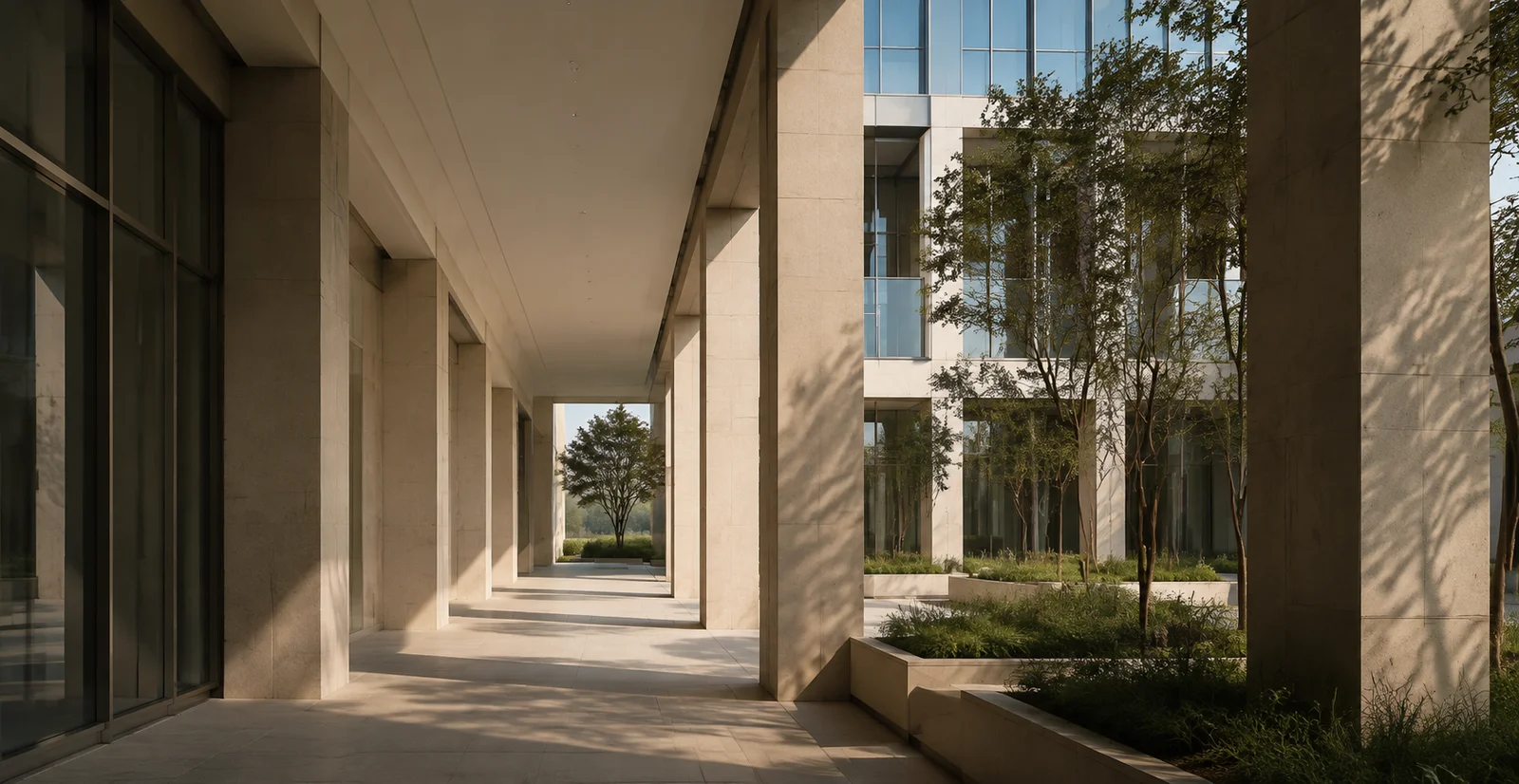 Architectural illustration of a limestone colonnade and landscaped office courtyard